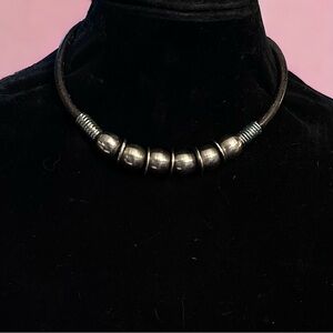 Vintage thick leather solid silver ball bead choker necklace